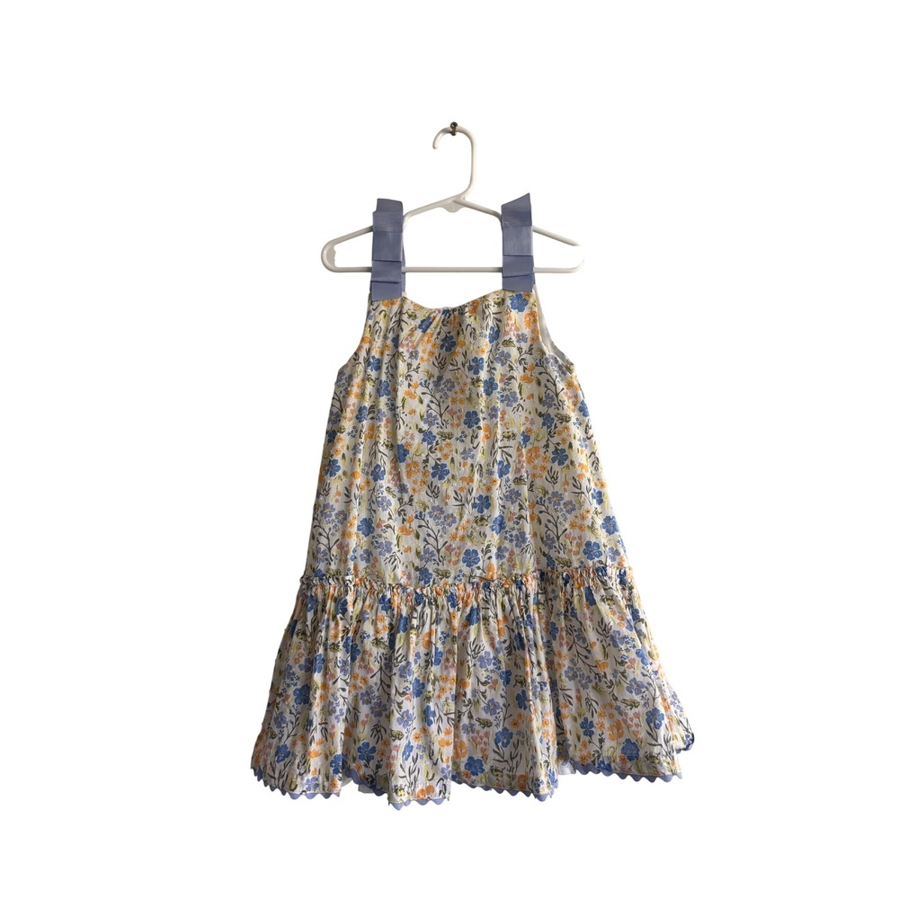 AS IS Joie Girls Floral Frog Print Dress Blue Ribbon Straps Ric Rac Trim